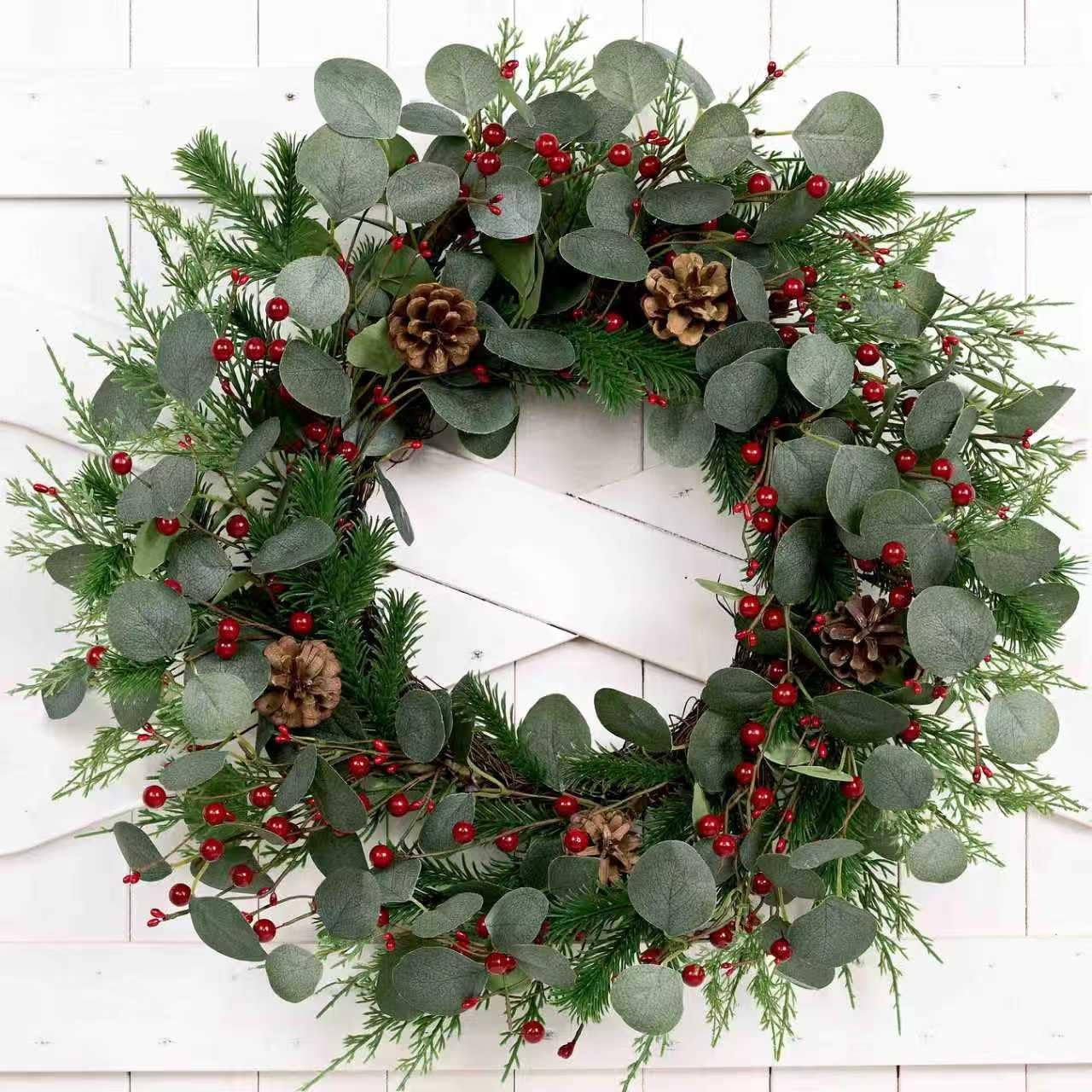 MAINGKAUNG Christmas Wreath 24inch Christmas Wreaths for Front Door Xmas Red Berry Wreath with Eucalyptus Leaves Pine Cones Red Berries for Wall Window Indoor Outdoor Winter Decorations | Amazon (US)