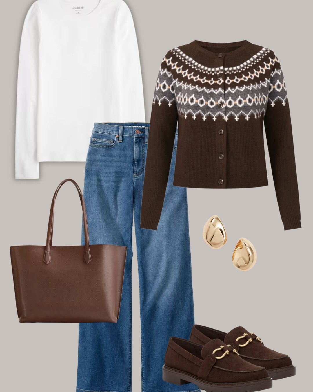 1 Base, 8 Outfits ✔️How to style wide leg jeans and a white long sleeve tee using different layers and shoes 🍂❄️ All clothes, shoes and accessories are in the Smart Elevated Casual Winter 2025 Capsule Wardrobe.

cardigan, chocolate brown coat, blazer, sweater, suede boots, black boots, suede court sneakers, loafers