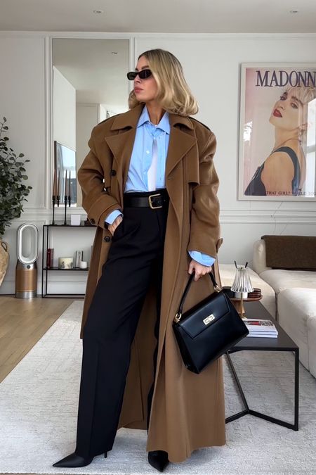 ** READ HERE 👇🏼** 
Coat is The Frankie Shop Nikola - have linked both this & alternatives. I wear a size XS; it’s very oversized. 
Shirt is vintage so have linked similar. 
Belt is old Zara.
Trousers are Sundarbay; have linked some alternatives. 
Bag is linked. 
Sunglasses are linked. 