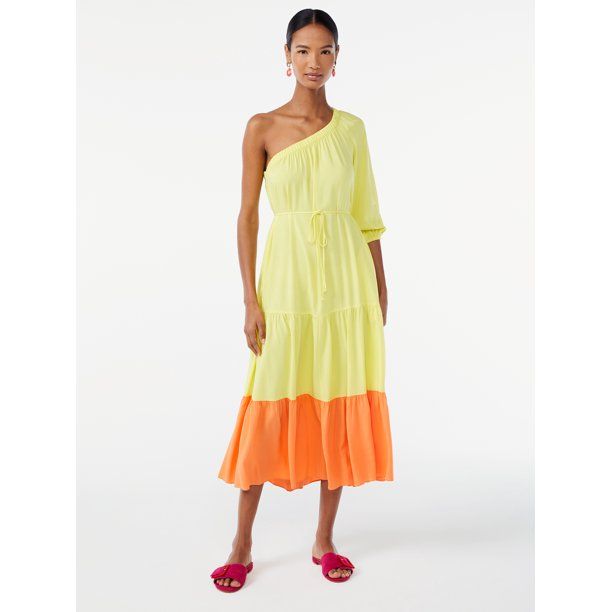 Scoop Women's One Shoulder Color Block Maxi Dress with Tie Front - Walmart.com | Walmart (US)