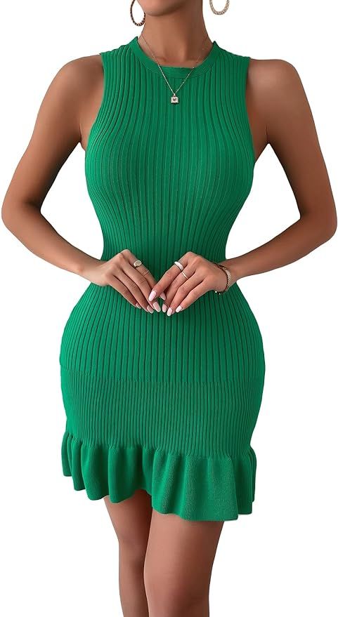 SOLY HUX Women's Sleeveless Bodycon Dress Ribbed Knit Ruffle Hem Slim Fit Ruched Stretchy Mini Ta... | Amazon (US)
