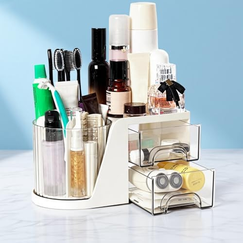 Toothbrush Holders for Bathrooms, Rotating Bathroom Countertop Organizer with 2 Drawers, Tooth Br... | Amazon (US)