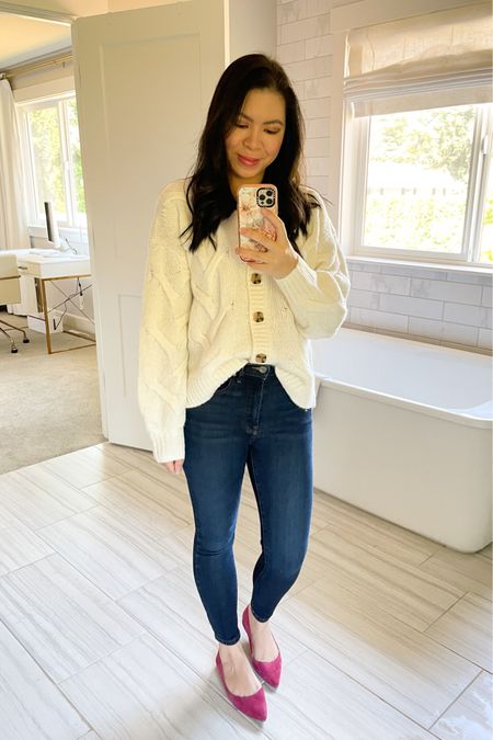 Women’s Madewell Cable Ashmont Cardigan Sweater ( wearing small) with Everlane high waisted skinny jeans (wearing 27 true to size). On sale as a part of Nordstrom Anniversary Sale! 

#LTKsalealert #LTKstyletip #LTKxNSale