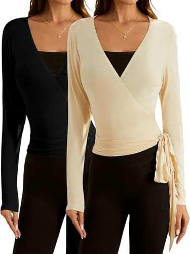 SweatyRocks Women's Pilates Outfits Wrap Tops Ballet Yoga Coquette Shirt Cute Long Sleeve Workout Activewear Multicolor Small | Amazon (US)