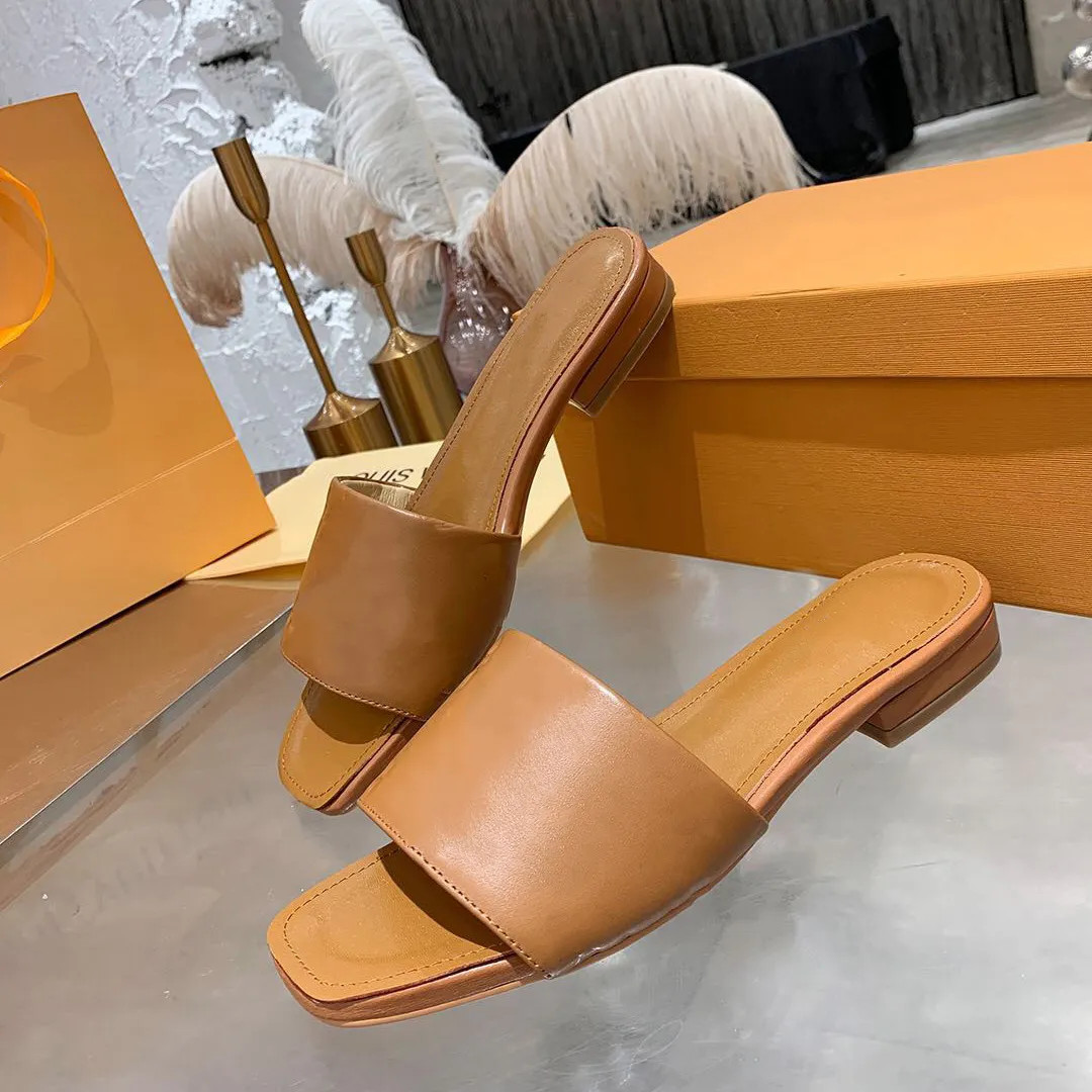 Leather Embossed Letters Slippers Solid Colors Brown Orange Black Low Chunky Heels Women Slides F... | DHGate