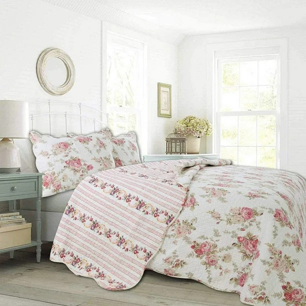 Cozy Line Shabby Chic Spring Rose 100% Cotton 3-Piece Quilt Set, Queen Set | Walmart (US)
