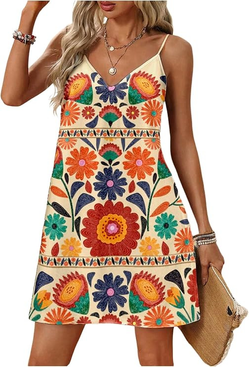 SOLY HUX Women's Summer Dress Floral Print V Neck Spaghetti Strap Cami Short Dresses Vacation Sun... | Amazon (US)