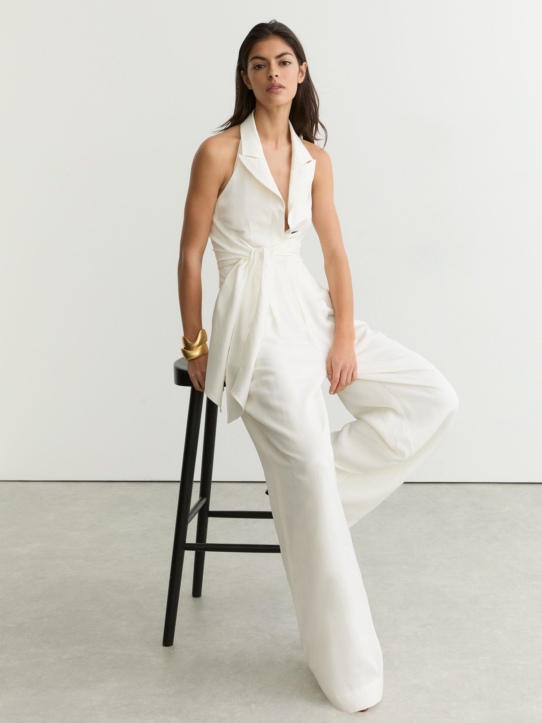 Reiss Tie-Front Wide-Leg Jumpsuit with Linen in Ivory Cream - REISS | Reiss UK