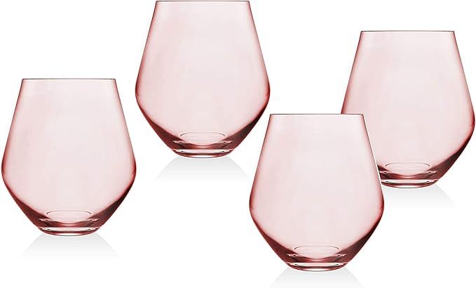 Amazon.com | Godinger Stemless Goblet Wine Glasses Beverage Glass Cup - Meridian Blush, 18oz - Se... | Amazon (US)