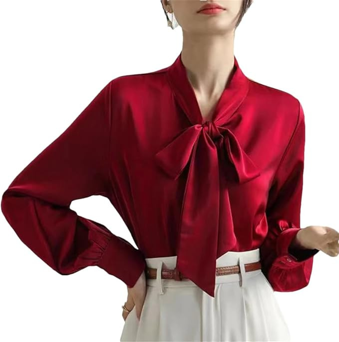 Spring and Summer Oversized Elegant Satin Silk Bow Shirt Office Women Long Sleeve Shirt Tops | Amazon (US)