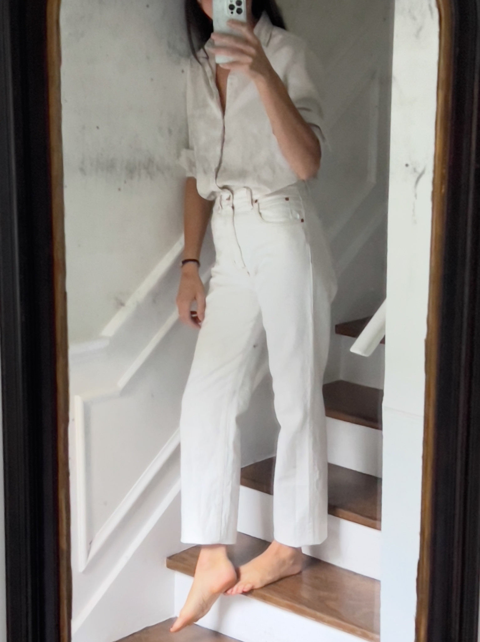Wearing white on white which I still can! I folded these jeans up to hit at my ankle, which I prefer when wearing them with flats. I think I’m going to have them hemmed this way 🤍