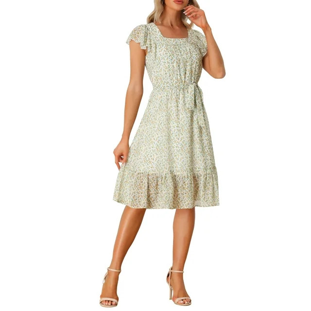Allegra K Women's Floral Print Flutter Sleeves Square Neck Ruffled Hem Dress | Walmart (US)