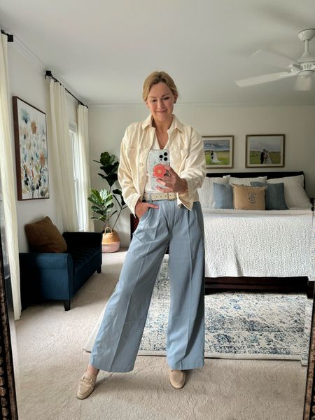 Casual work outfit idea – what I wore to the office today

Light gray blue wide leg trouser pants. These fit like a dream and the color is so versatile! I sized down one from my normal size and they fit great. Loose, comfortable & flattering!

Layered a cream white cropped utility jacket over a collared short sleeve ribbed tee 

Light tan loafers and suede belt to accessorize 

#LTKstyletip #LTKfindsunder100 #LTKworkwear