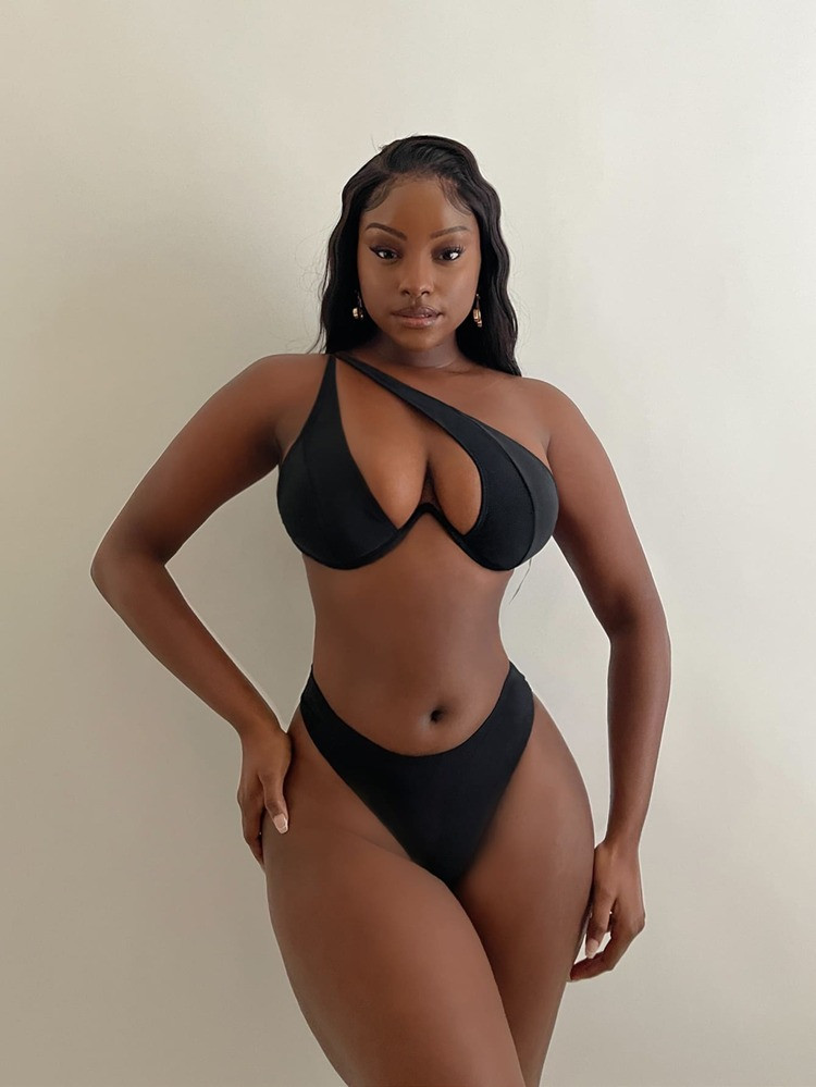 Plain Push Up High Cut Bikini Swimsuit | SHEIN