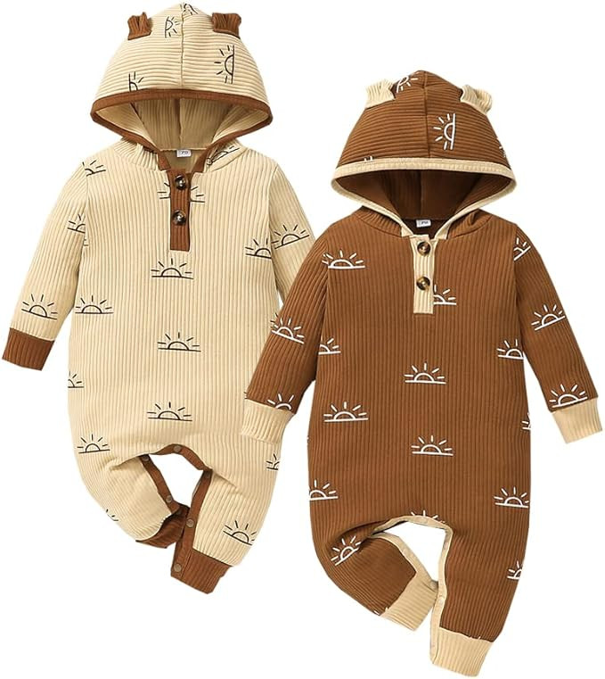 Bafeicao 2 Pack Unisex Baby Boy Girl Hoodie Romper Bear Ear Hooded Rompers Ribbed Solid Short/Lon... | Amazon (US)