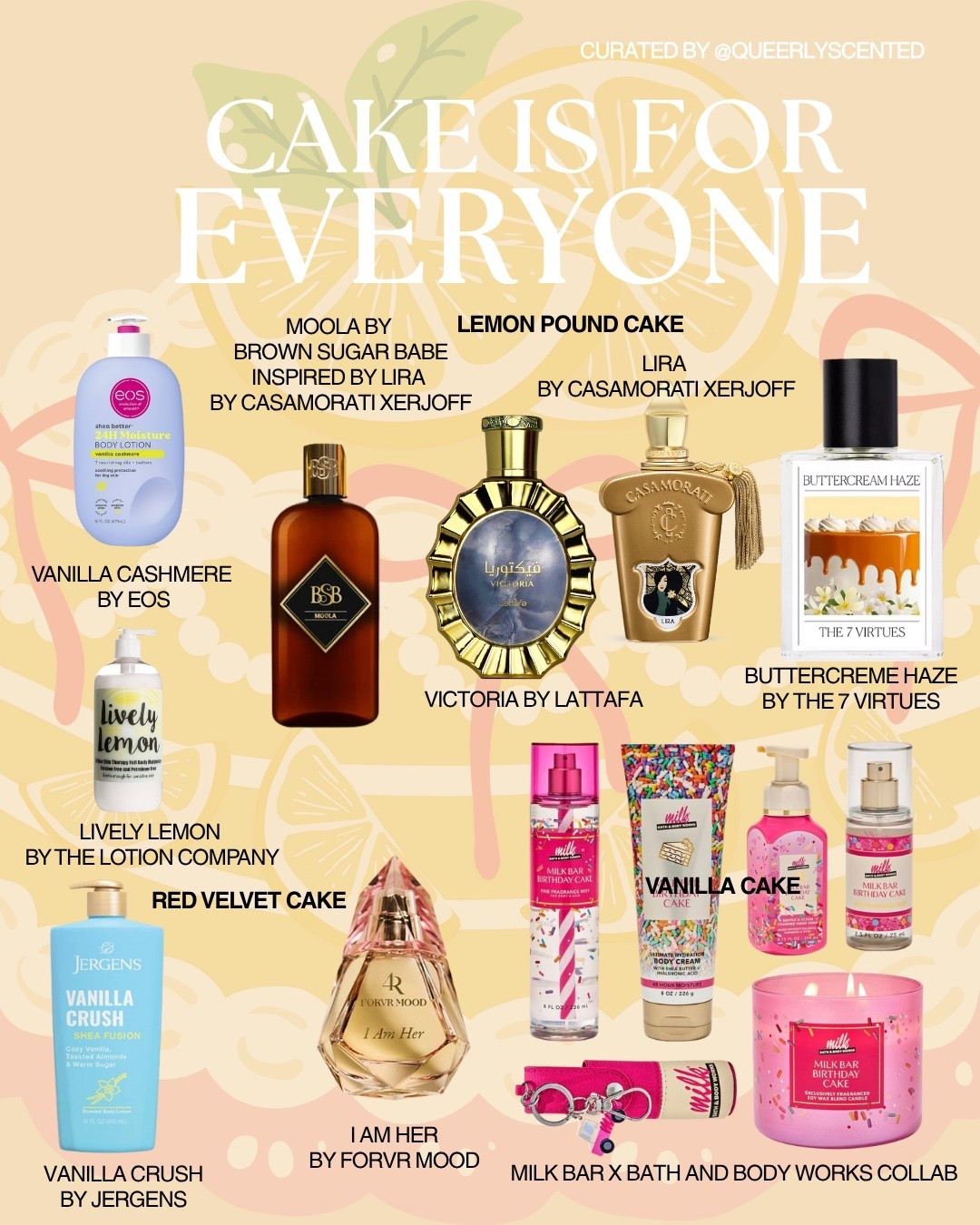 🔗Shop items in Bio 
This concept was based on the fact that no matter your budget you can smell like CAKE. Vanilla cake, Red Velvet Cake, and Lemon Pound Cake.

I hope you get to check them out and it means the world to me if you shop my links on LTK. 

Thank you and happy holidays! 

Featured:
Vanilla Cashmere by @EOS
Lively Lemon by @thelotioncompany 
Vanilla Crush by @jergens 
Moola by @bsboil 
Victoria by @lattafa
Lira by @xerjoff
Buttercreme Haze by @the7virtues 
I am Her by @forvrmood
@Milkbar x @bathandbodyworks for their Milk Bar Edition

#holidays #giftgiving #blackowned #queerowned #womenowned 

#LTKSeasonal #LTKHoliday #LTKGiftGuide