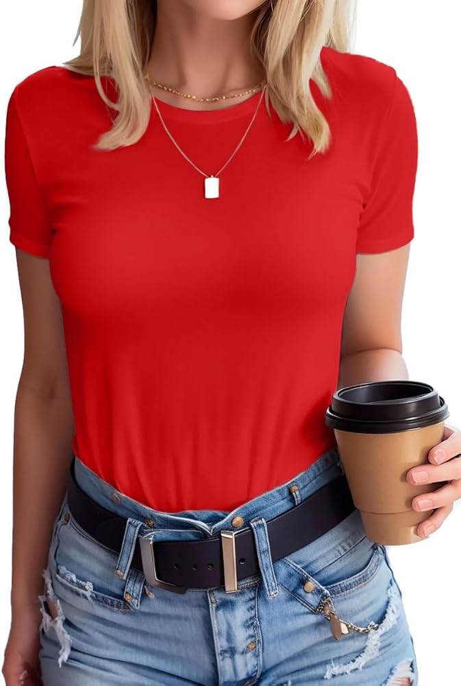 SANDERY Womens Round Neck Long/Short Sleeve Shirts Ribbed Casual Slim Fitted Tops Blouses | Amazon (US)