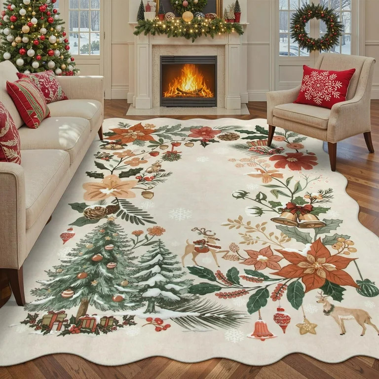 Moynesa 8'x10' Christmas Area Rug for Living Room, Xmas Tree Floral Rug Washable Rug Non Slip Boh... | Walmart (US)