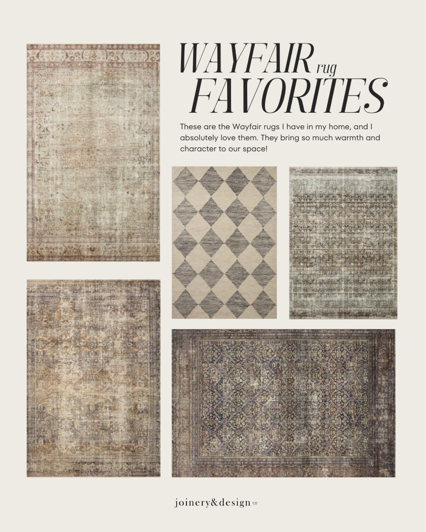 These are the Wayfair rugs I have in my home, and I absolutely love them. They bring so much warmth and character to our space—I can’t imagine my rooms without them!

#area #accent #bedroom #livingroom #office 

#LTKHome #LTKFamily #LTKSaleAlert