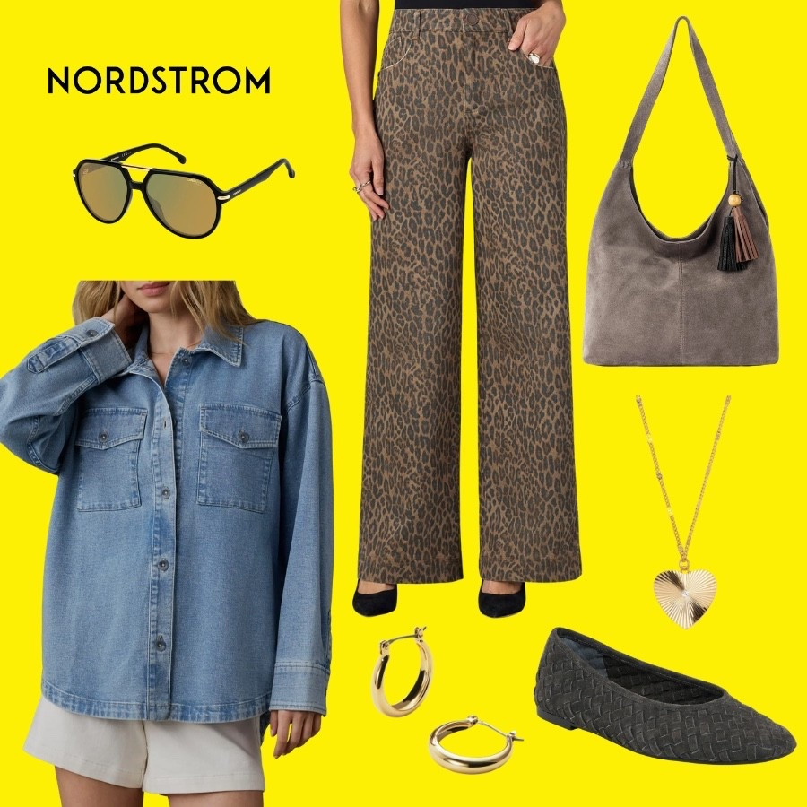 Leopard print pants > basically anything else 🐆 Balanced them out with a light wash denim shacket and woven flats. The suede hobo with tassel detail and heart pendant necklace are the perfect finishing touches. Shopping the Nordstrom Anniversary Sale for pieces like these! Public sale starts July 18th!

#LTKSaleAlert