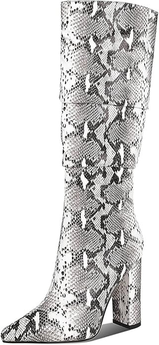 Amazon.com: wetkiss Snakeskin Boots Knee High for Women, Pointed Toe Chunky High Heels Side Zippe... | Amazon (US)