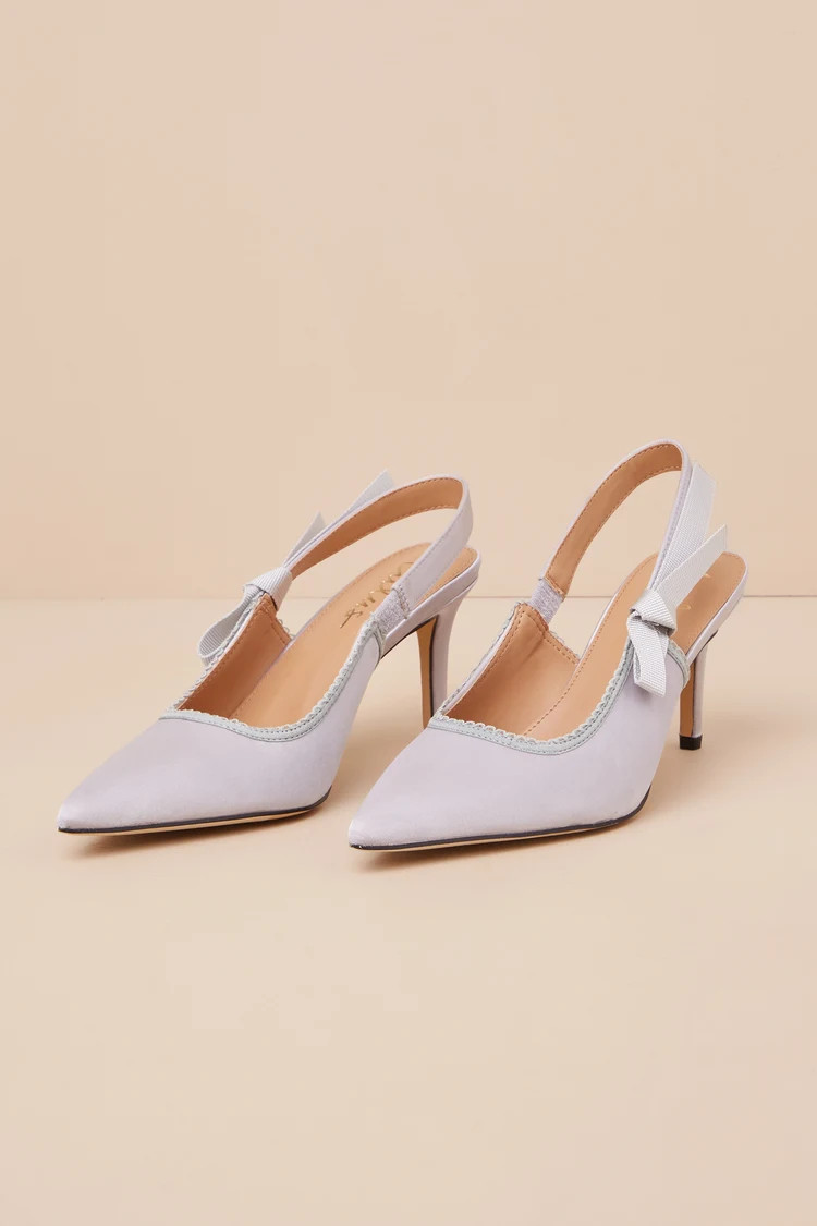 Ancolie Silver Satin Bow Pointed-Toe Slingback Pumps | Lulus