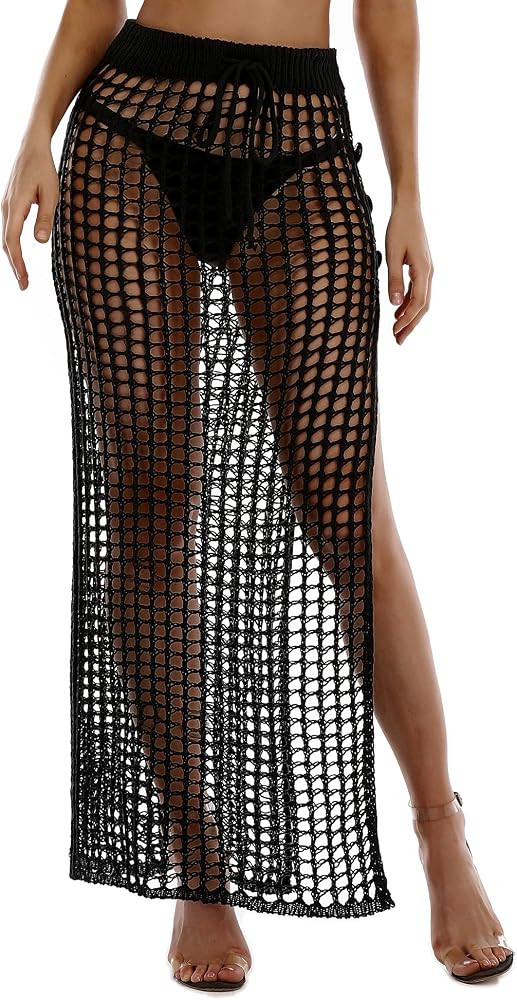 Womens Crochet Beach Cover Up Skirts Sexy High Waist Hollow Out Long Maxi Skirt Slit | Amazon (US)