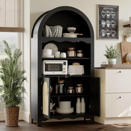 YMBSBUY 63" Arched Kitchen Pantry Cabinet, Arched Cabinet with Rattan Doors & Adjustable Shelves, Versatile Cupboard Arch Cabinets for Kitchen Storage, Dinning Room, Living Room, Entryway, Black | Amazon (US)