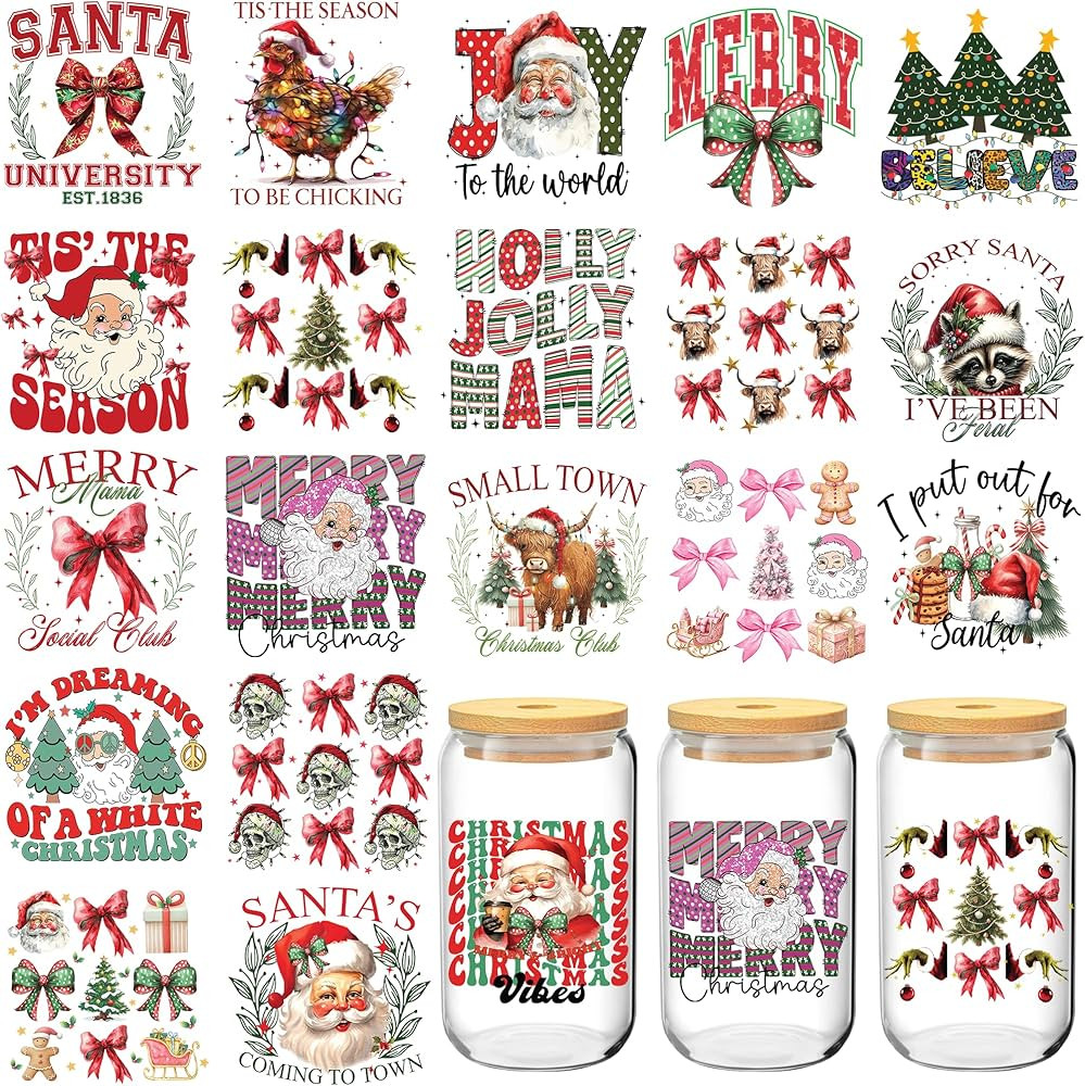 Christmas UV DTF Cup Wrap, 20 Sheets Merry Christmas UV DTF Cup Wraps for 16 oz Glass, Cute Santa... | Amazon (US)