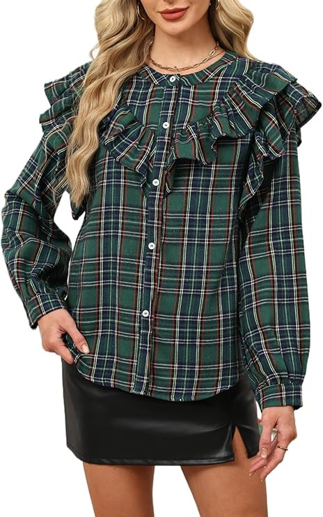 Women Plaid Ruffle Blouse Long Sleeve Button Down Shirt Christmas Tartan Top Casual Holiday Check... | Amazon (US)