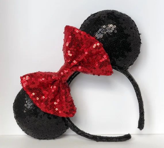 Classic Black Mouse Ears with Red Sequin Bow. Custom Handmade Mouse Ears Headband. Sparkle and Gl... | Etsy (US)