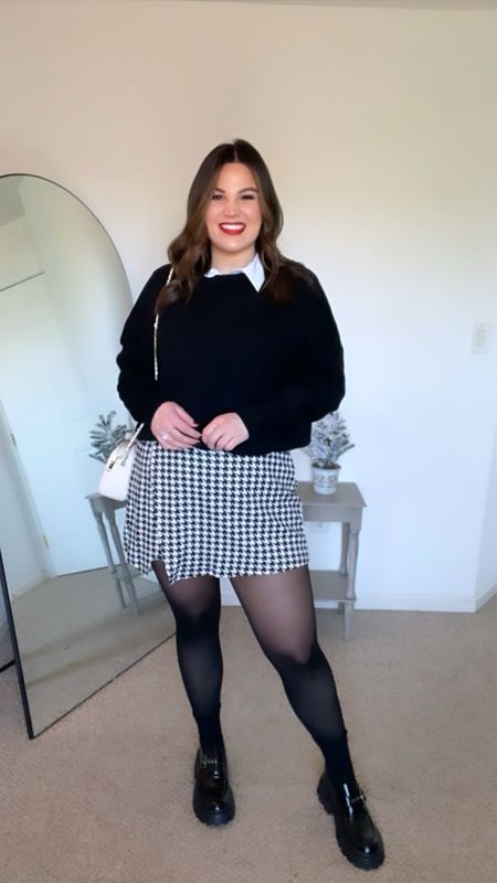 Shirt - size XL *use code KELLYELIZXSPANX to save 
Tights - size XL
Skort - size XXL *I sized up for length but it fits true to size 
Sweater - size L
Loafers - size 10 *run small, size up. 

#skort #loafers #preppystyle #sweater #tights

#LTKcurves #LTKstyletip #LTKSeasonal