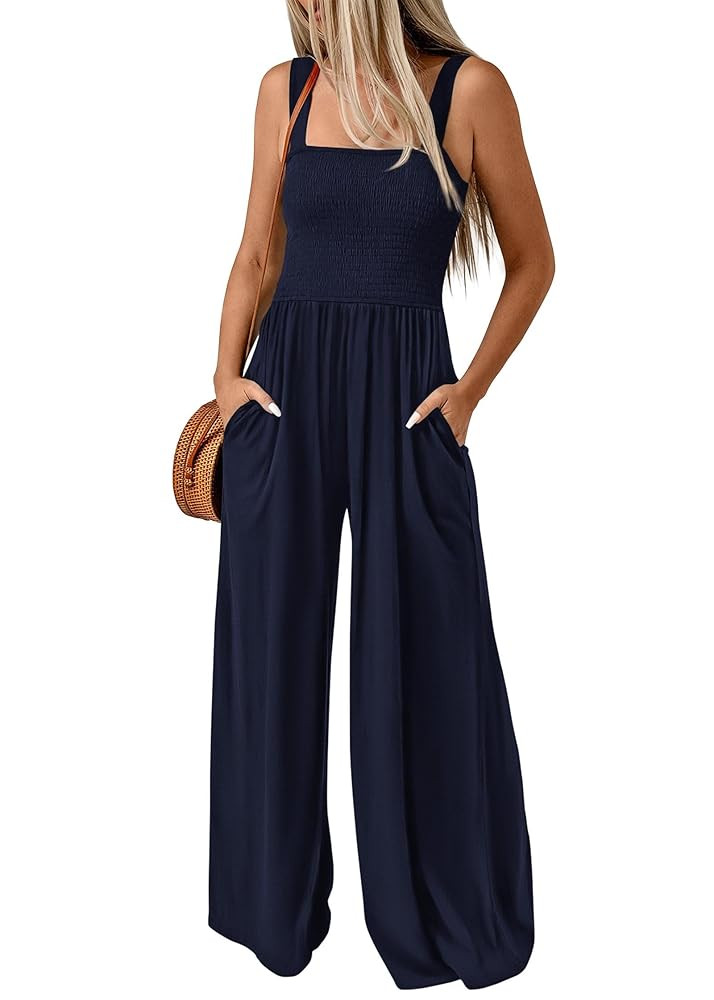 KIRUNDO Womens Jumpsuit 2025 Summer Casual Loose One Piece Overalls Smocked Sleeveless Wide Leg R... | Amazon (US)