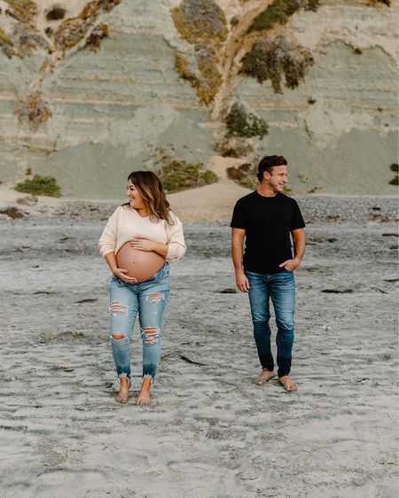 Outfit Inspiration for Maternity photos on the beach! Crop sweater, black tee, denim , jeans, casual outfit 

#LTKbump #LTKmens #LTKunder100