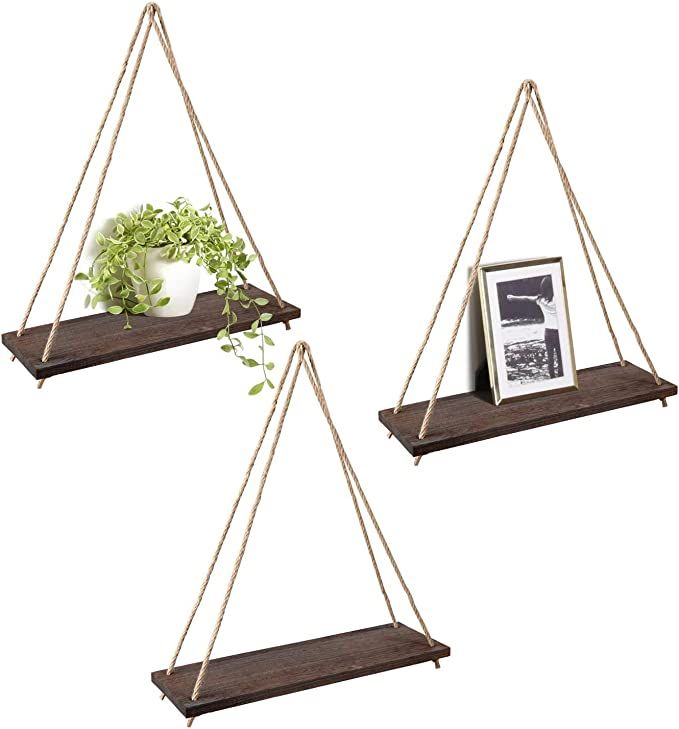 Mkono Wood Hanging Shelves for Wall Boho Decor Swing Rope Rustic Floating Shelf , Set of 3 Wall D... | Amazon (US)