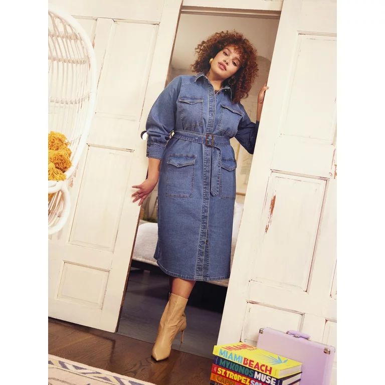 ELOQUII Elements Women's Plus Size Belted Denim Utility Dress - Walmart.com | Walmart (US)