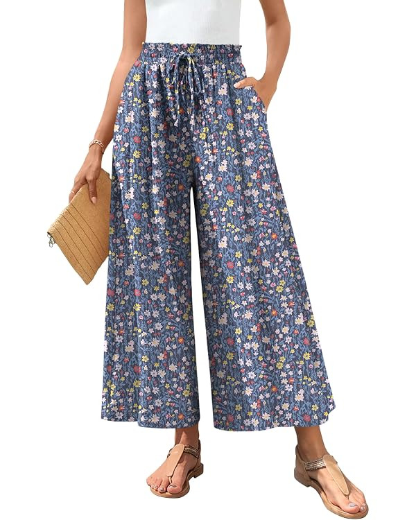 Bestbee Women's Wide Leg Palazzo Pants Dressy Casual Gaucho Pants Elastic Waist with Pockets | Amazon (US)