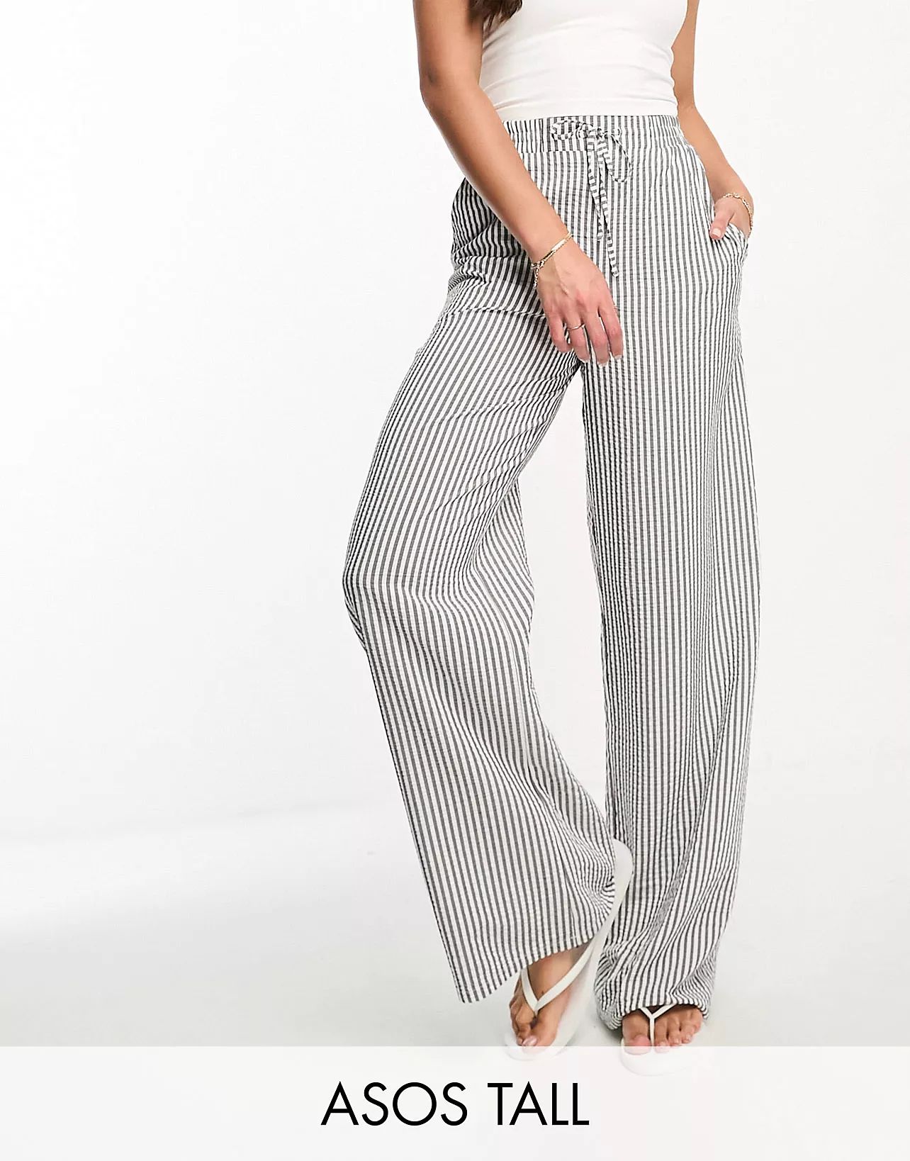 ASOS DESIGN Tall pull on trouser in grey stripe | ASOS (Global)