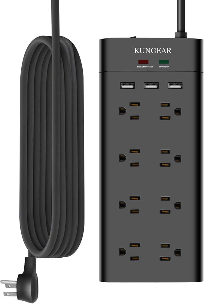 12Foot Extra Long Cord Power Strip Surge Protector, Kungear 8-Outlet 1050J Surge Protector, 15A/1... | Amazon (US)