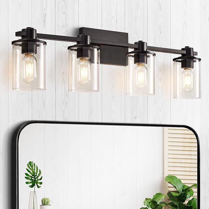 XGFOURSEVEN 4-Light Modern Vanity Lights,Industrial Matte Black Bathroom Light Fixtures with Clea... | Amazon (US)