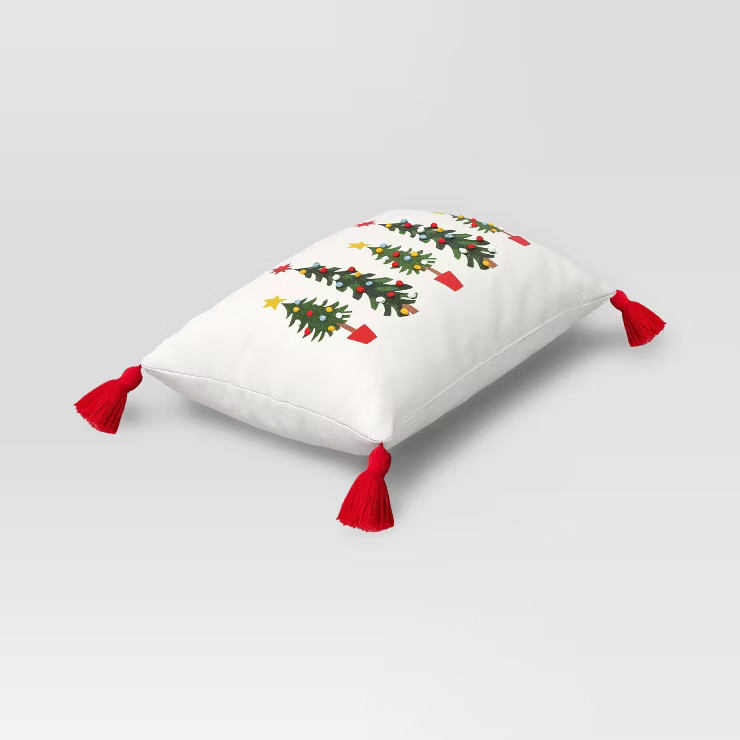 Christmas Tree Print Lumbar Throw Pillow with Tassels Ivory - Wondershop™ | Target