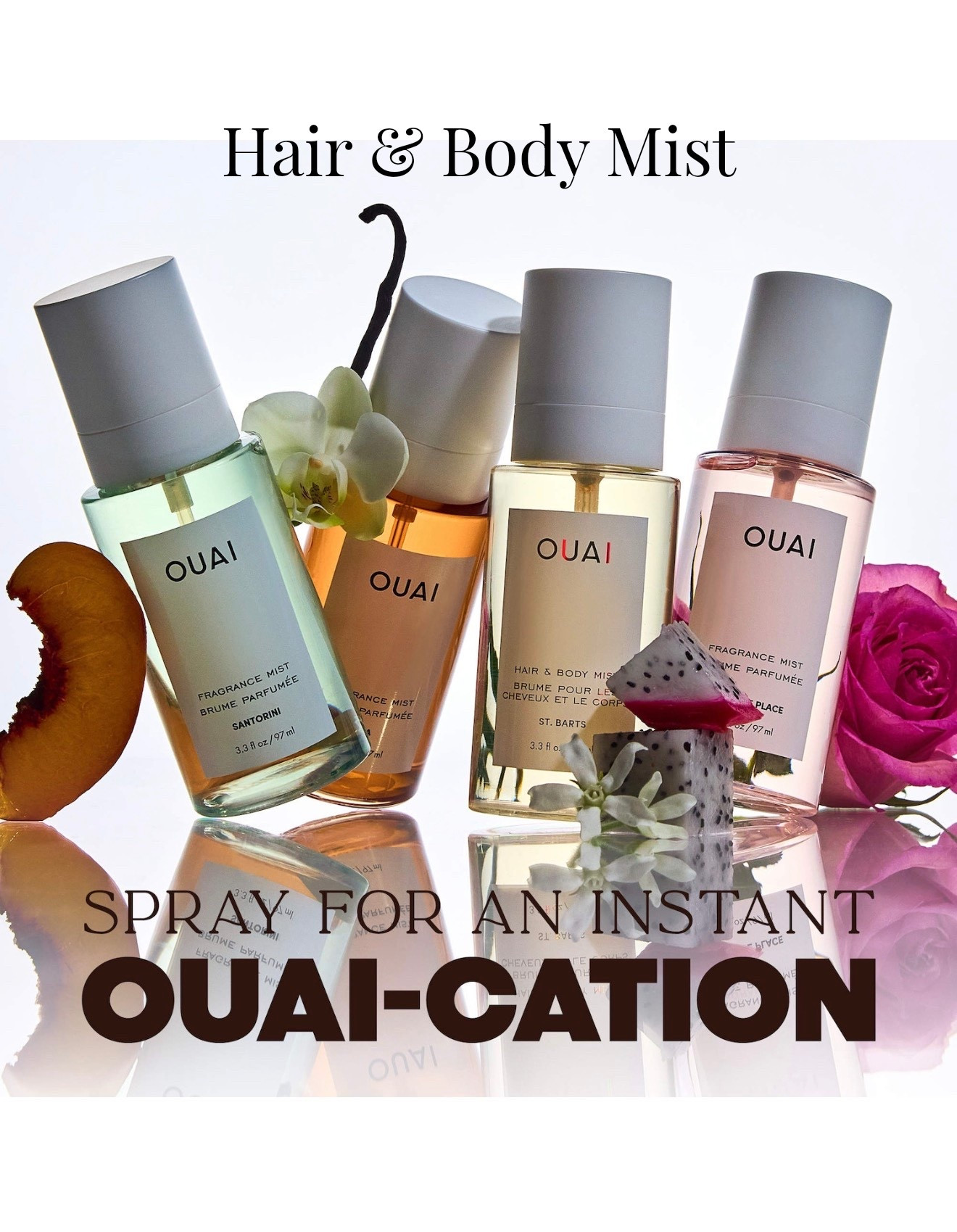 Melrose Place Hair & Body Mist is your one-OUAI ticket to Los Angeles. It will have you smelling like you’re almost famous with notes of rose, lychee, berry, and pink peppercorn.

Santorini Hair & Body Mist has notes of peach, orange, honeysuckle, and amber for a light and bright scent as refreshing as a dip in the Aegean Sea.

Escape to Ibiza with this intoxicating blend of cocoa, tonka bean, vanilla & rum. This warm & sensual scent smells like dinner's at midnight and dancing the night a-OUAI. Spray from head to toe for the ultimate get-a-OUAI.

ST Barts - Get transported all the OUAI to the beaches of St. Barts with this luxurious, tropical-scented hair and body mist to be spritzed from head to toe, with notes of dragon fruit, orange blossom, tuberose, and musk.



#LTKValentine #LTKBeauty