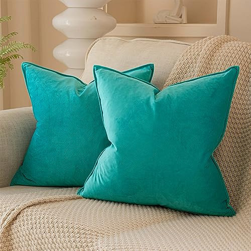 JUSPURBET 22x22 Throw Pillow Covers Set of 2 Decorative Pillow Covers for Couch Sofa Bed Cozy Velvet Cushion Covers Cases with Invisible Zipper for Living Room Home Decor,Turquoise | Amazon (US)