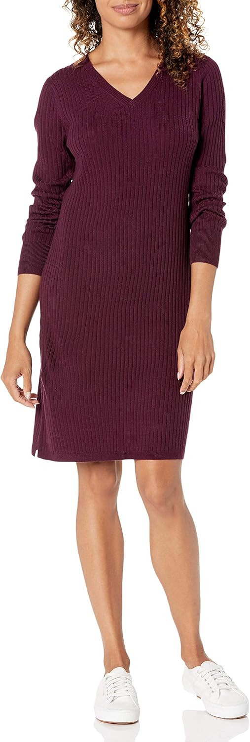 Amazon Essentials Women's Soft Ribbed Long-Sleeve V-Neck Knee Length Classic-Fit Sweater Dress | Amazon (US)