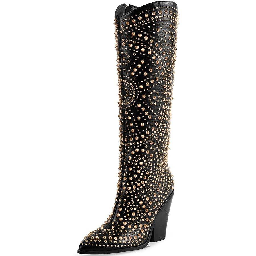 iiimmu Womens Boots Pointed Toe and Chunky Heel Boots for Women Luxurious Studded Boots Tall Boot... | Amazon (US)