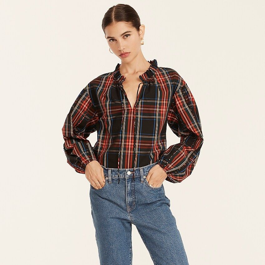 Scalloped tie-neck top in Stewart tartan | J.Crew US