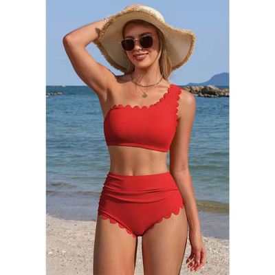 Charmo Women's Convertible One-Shoulder Scalloped Bikini Set Red L | Target