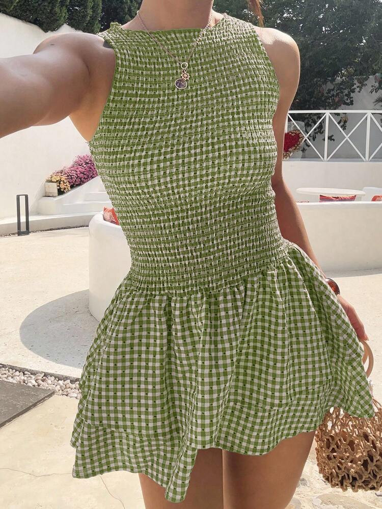 SHEIN Unity Blue Plaid Sleeveless Bodycon Mini Dress, Sweet French Style For Vacation, Spring/Summer | SHEIN