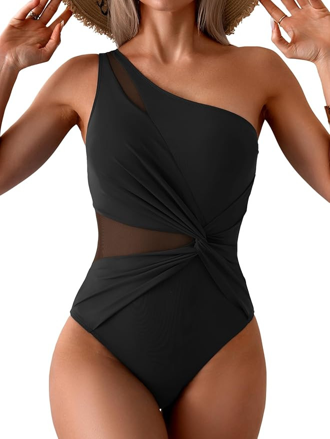 One Shoulder One Piece Swimsuit for Women Mesh Tummy Control Bathing Suit Twist Swimwear | Amazon (US)