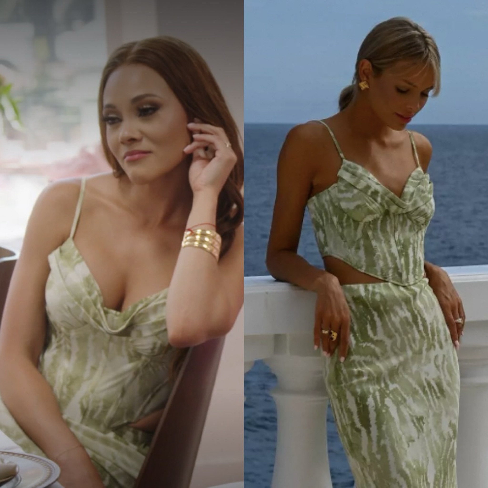 Ashley Darby’s Green and White Printed Top and Skirt Set